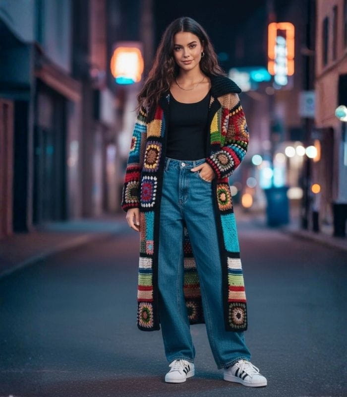 Retro Stil Renkli El Örgüsü Motifli Hırka - Patchwork Desenli Retro Stil Renkli El Örgüsü Motifli Hırka - Patchwork Desenli - Görsel 1